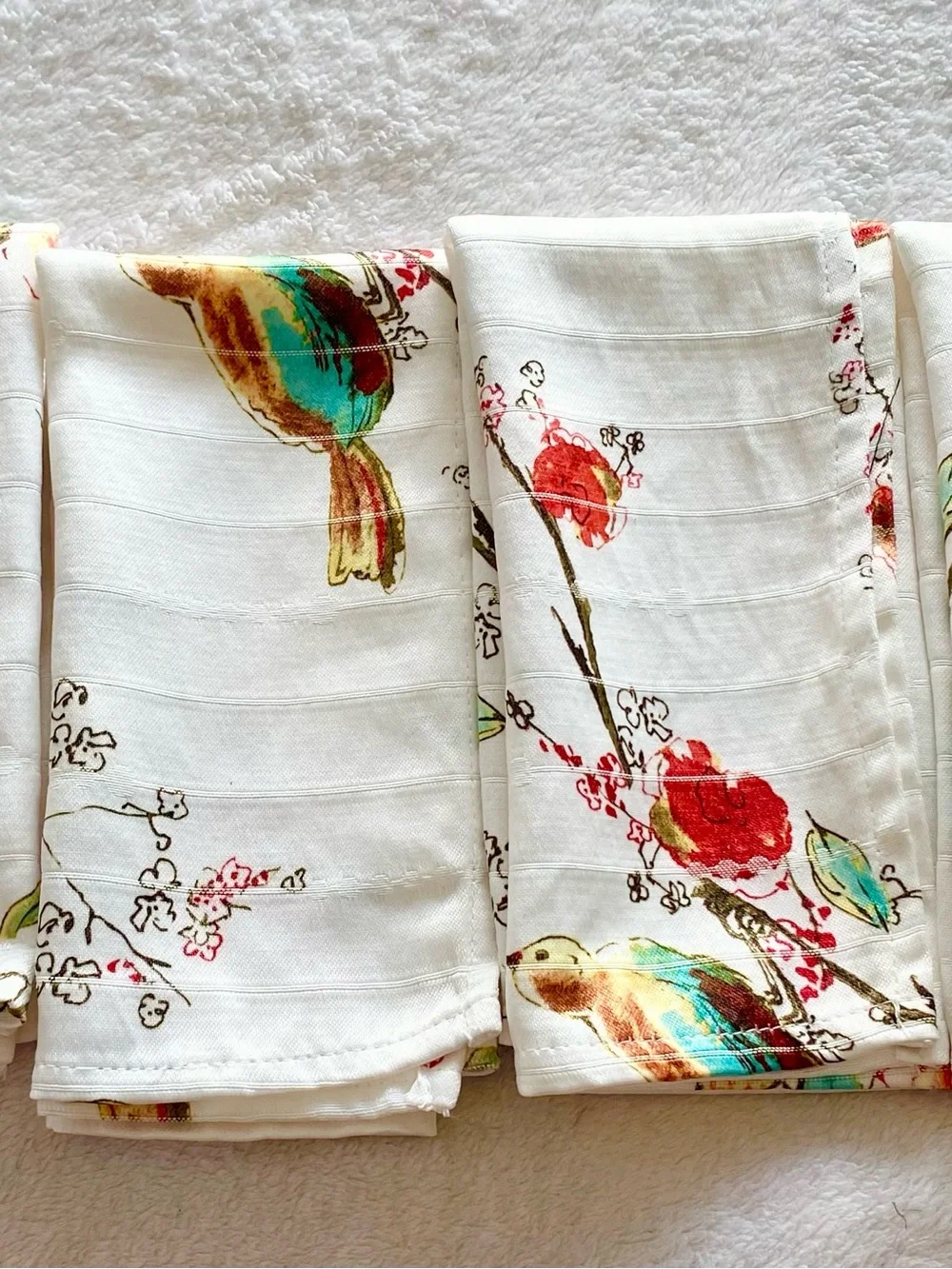 Vintage White Table Linens Napkins with birds set of four